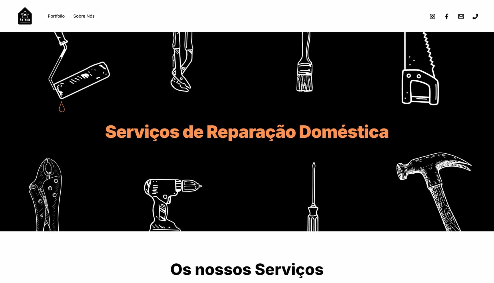 Página inicial da António Home Repair Services, com o título a laranja sobre um fundo preto com ilustrações de ferramentas.