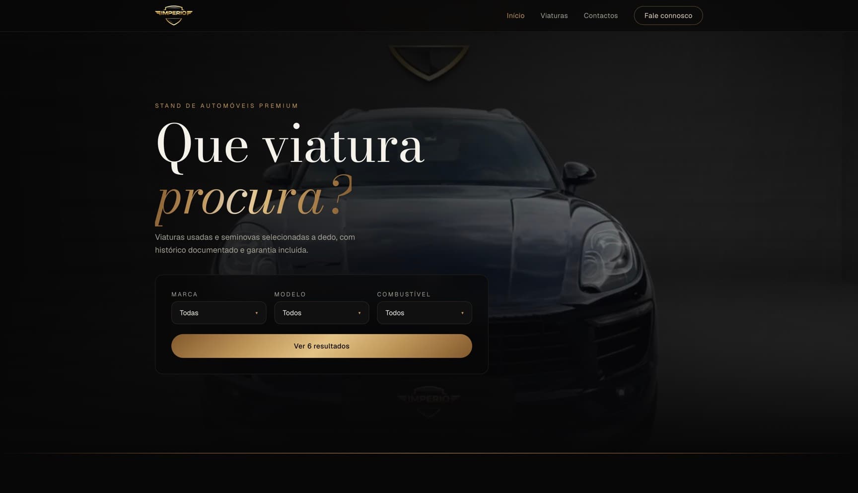Página inicial do Império Auto Concept, com filtro de pesquisa por marca, modelo e combustível sobre uma fotografia de uma viatura.